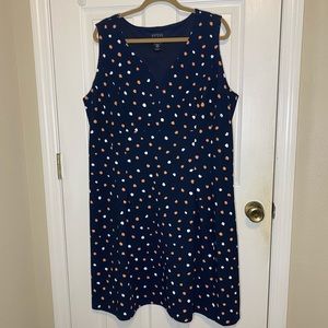 Navy sleeveless dress with white & pink polka dots